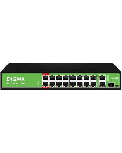 DSP216F-1G-1C-R300 (L2) 16х100Мбит/с 1х1Гбит/с 1хКомбо(1000BASE-T/SFP) 16PoE 16PoE+ 2PoE++ 300W. Коммутатор с питанием по PoE. Digma в Саранске