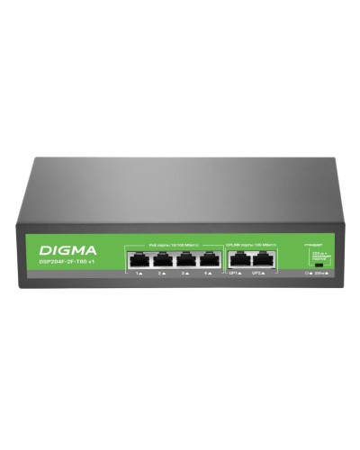 DSP204F-2F-T80 DSP204F-2F-T80 V1 (L2) 6х100Мбит/с 4PoE 4PoE+ 80W. Коммутатор с питанием по PoE. Digma в Саранске