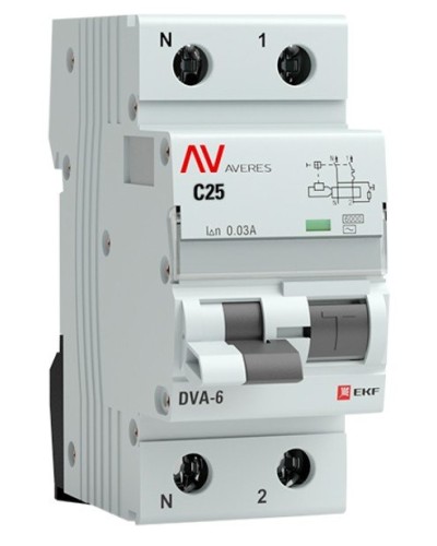 DVA-6 1P+N 25А (C) 30мА (AC) 6кА  AVERES (rcbo6-1pn-25C-30-ac-av). Автоматический выключатель дифференциального тока. EKF в Саранске