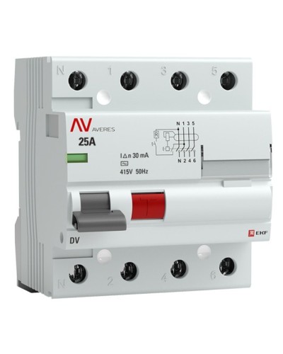 DV 4P 25А/ 30мА (AC)  AVERES (rccb-4-25-30-ac-av). Выключатели дифференциального тока (УЗО). EKF в Саранске