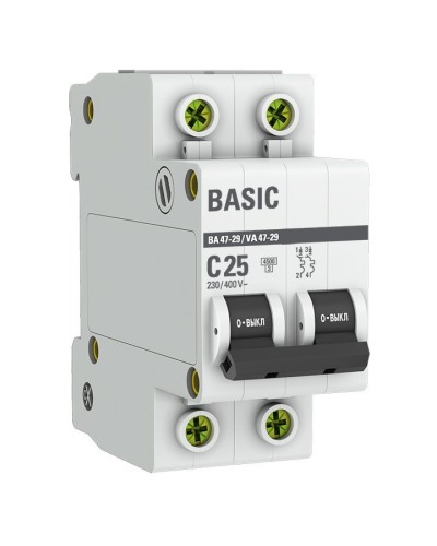Автоматический выключатель 2P 25А (C) 4,5кА ВА 47-29 Basic (mcb4729-2-25C). Автоматический выключатель. EKF в Саранске
