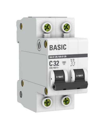 Автоматический выключатель 2P 32А (C) 4,5кА ВА 47-29 Basic (mcb4729-2-32C): Автоматический выключатель в Саранске
