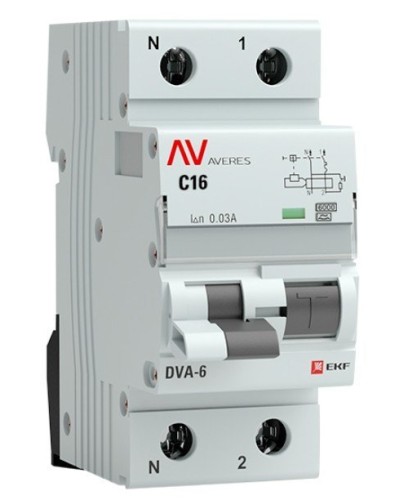DVA-6 1P+N 16А (C) 30мА (AC) 6кА  AVERES (rcbo6-1pn-16C-30-ac-av). Автоматический выключатель дифференциального тока. EKF в Саранске