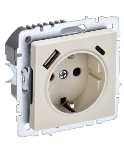 Розетка с з/к с USB A+C 18Вт РЮш11-1-БрКр бежевый BRITE (BR-R14-16-U22-018-K10). Розетка с заземлением с защитными шторками, 18Вт. IEK в Саранске