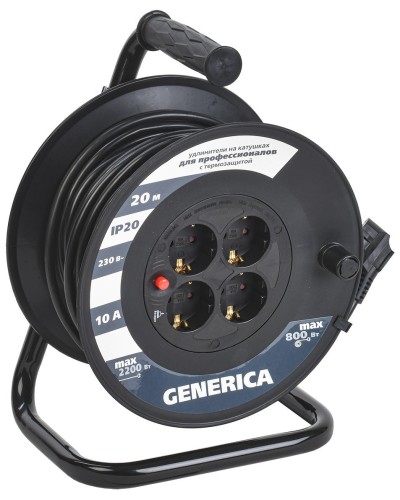 УК20 4 места 2P+PE, 20м GENERICA (WKP10-10-04-20-G). Удлинитель на катушке с термозащитой, 3х1,0кв.мм. IEK в Саранске