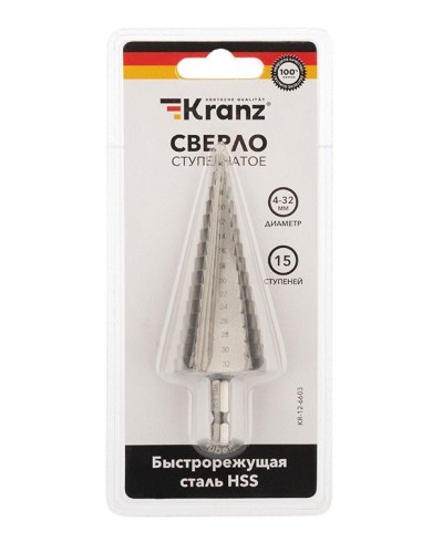 Сверло по металлу ступенчатое 4,0-32,0 мм 102 mm 62 HRC Kranz (KR-12-6603): Сверло по металлу шлифованное в Саранске
