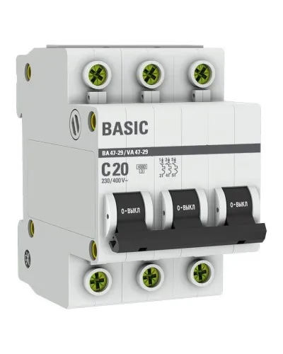Автоматический выключатель 3P 20А (C) 4,5кА ВА 47-29 Basic (mcb4729-3-20C). Автоматический выключатель. EKF в Саранске