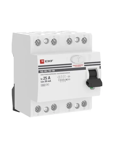 УЗО ВД-100 4P 25А 30мА тип AC эл-мех  PROxima (elcb-4-25-30-em-pro). Выключатель дифференциального тока (УЗО). EKF в Саранске