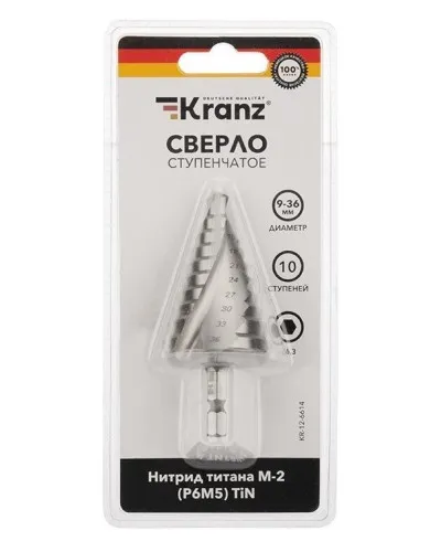 Сверло по металлу ступенчатое ТИТАН 9,0-36,0 мм 110 mm 65 HRC Р6М5 TiN Kranz (KR-12-6614): Сверло по металлу шлифованное в Саранске